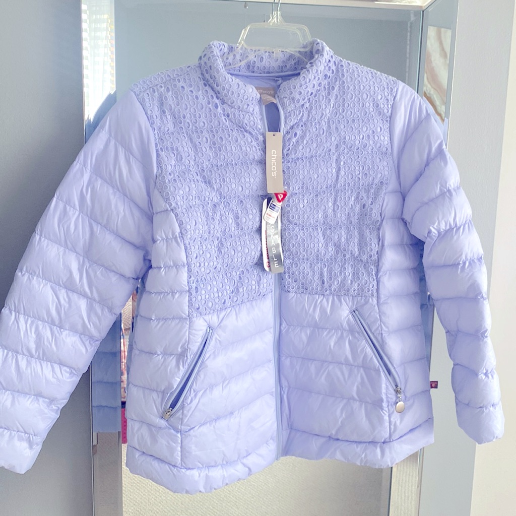 Chico’s Jacket, Packable Puffer. New With Tags. Light Purple Color. Size 12-14